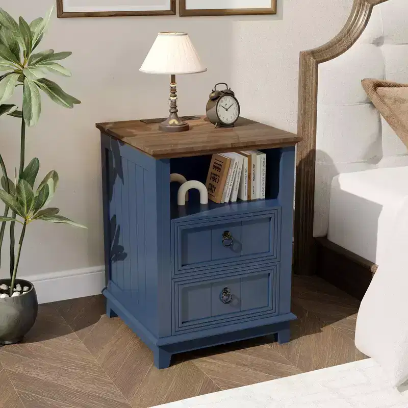 18 Wood Nightstand with USB Charging Station, Modern Fluted Night Stand, Two Drawer Filing Cabinet with Shelf, Bedside End Table