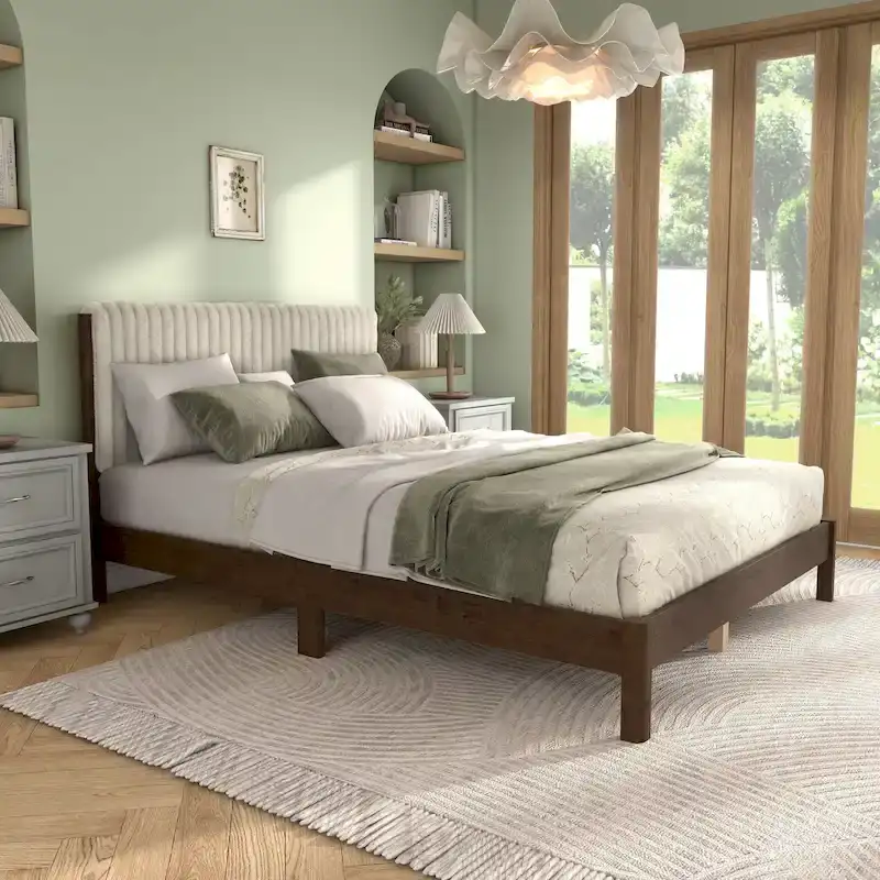 Channel Tufted Upholstered Queen Platform Bed with Solid Wood Slats