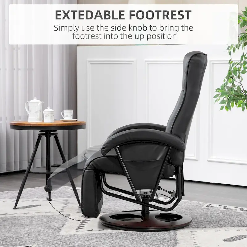 HOMCOM PU Recliner with Footrest, Lounge Chair with 135 Adjustable Backrest, Swivel Wood Base