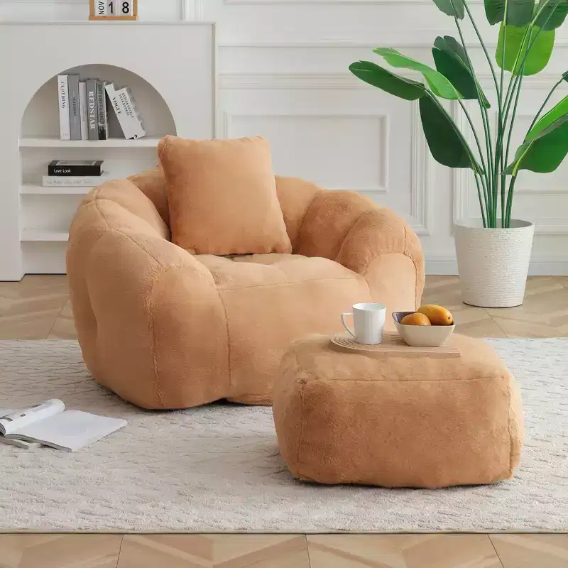 Faux Fur Shell-Shaped Bean Bag Chair with Footstool | Khaki / Light Blue / Pink / White / Yellow | Seats 1