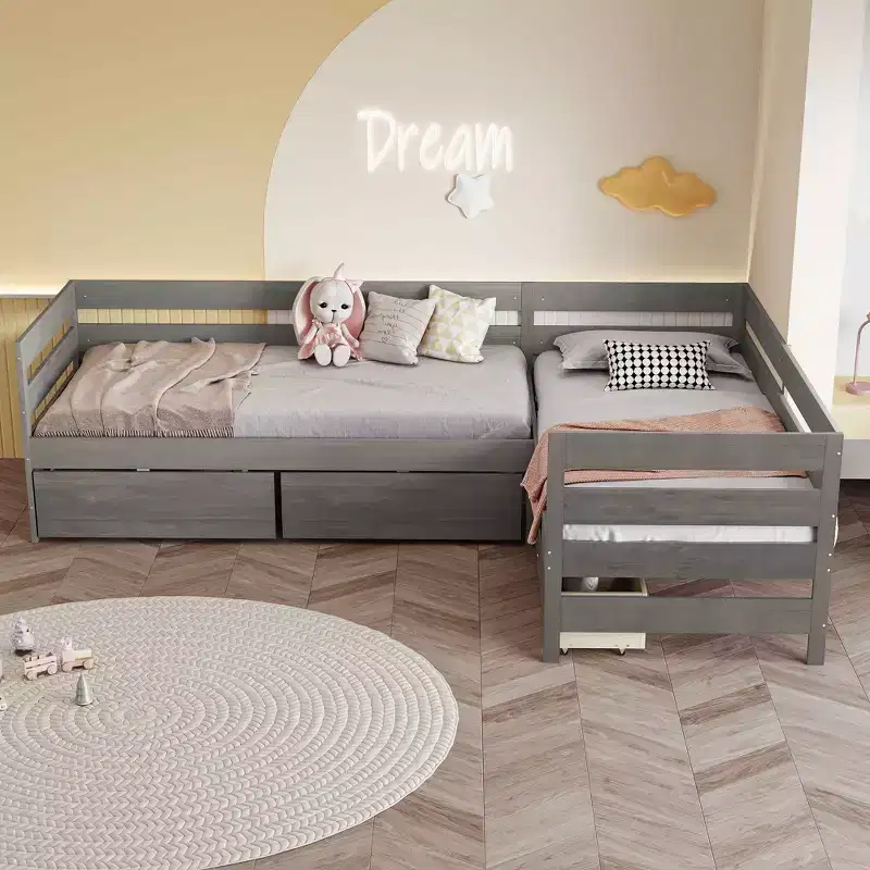 Twin Size L-Shaped Daybed with 3 Storage Drawers, Wood Bed Frame - ModernLuxe