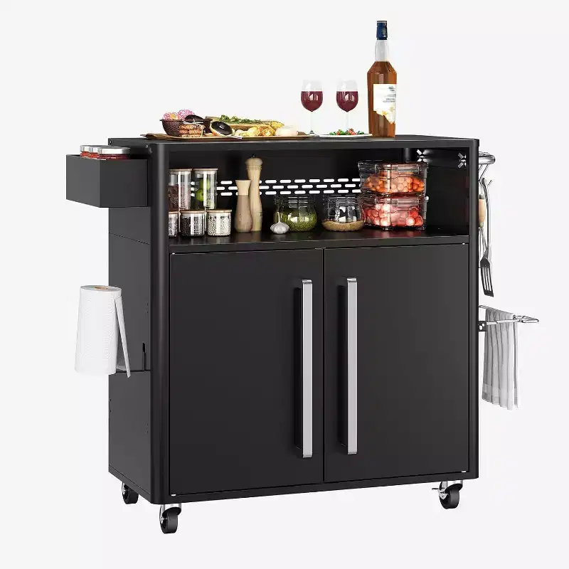 Grill Cart with Storage,Stainless Steel Kitchen Food Prep Table Island with Cabinet, Open Shelves, Hooks & Spice Rack, BBQ Cart for Outdoor,Indoor