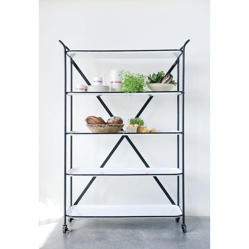 5-Tier 66H Tray-Style Enameled Metal Shelving Unit with Locking Caster Wheels