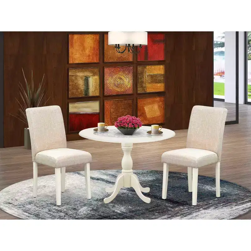 HomeStock Linen White Round Dining Table Set with 2 Chairs