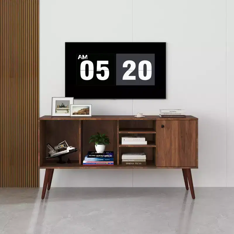 TV Stand Console Table With 1 Storage Cabinet and 3 Open Shelves for Living Room