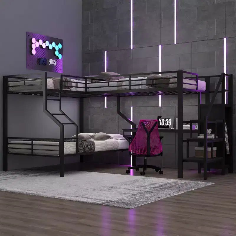 Metal L-Shaped Bunk Bed Twin over Full with USB, Twin Size Loft Bed with Desk and Built-in Wardrobe, Black