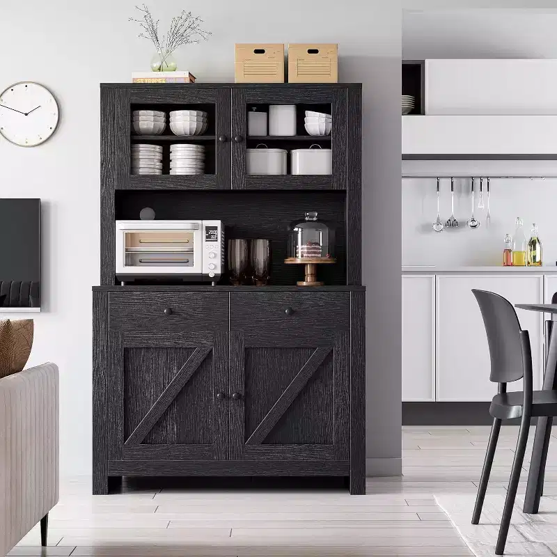 Kitchen Pantry Cabinet with Microwave Stand and Coffee Bar, Freestanding Hutch with Drawers, Doors & Adjustable Shelves