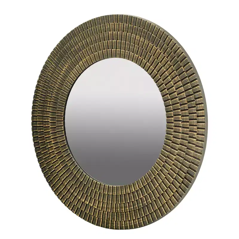 29.5 Inch Round Gold and Black Wooden Wall Mirror with Woven Texture