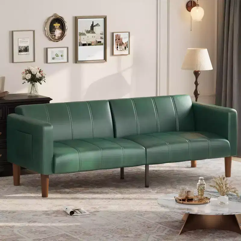 Acekool 75-Inch Futon Sofa Bed, Faux Leather Convertible Couch, Modern Mid-Century Loveseat for Small Spaces, Living Room, Bedroom, Green