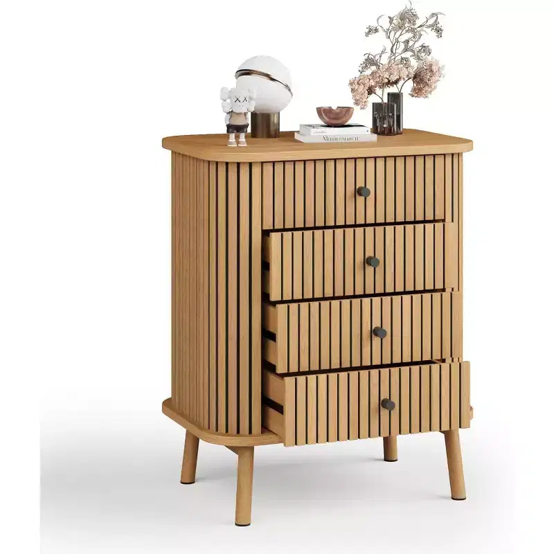 Boho Nightstand with 4 Drawers , Wicker Bedside Table with Matte Black Handles & Wood Legs, Natural Finish