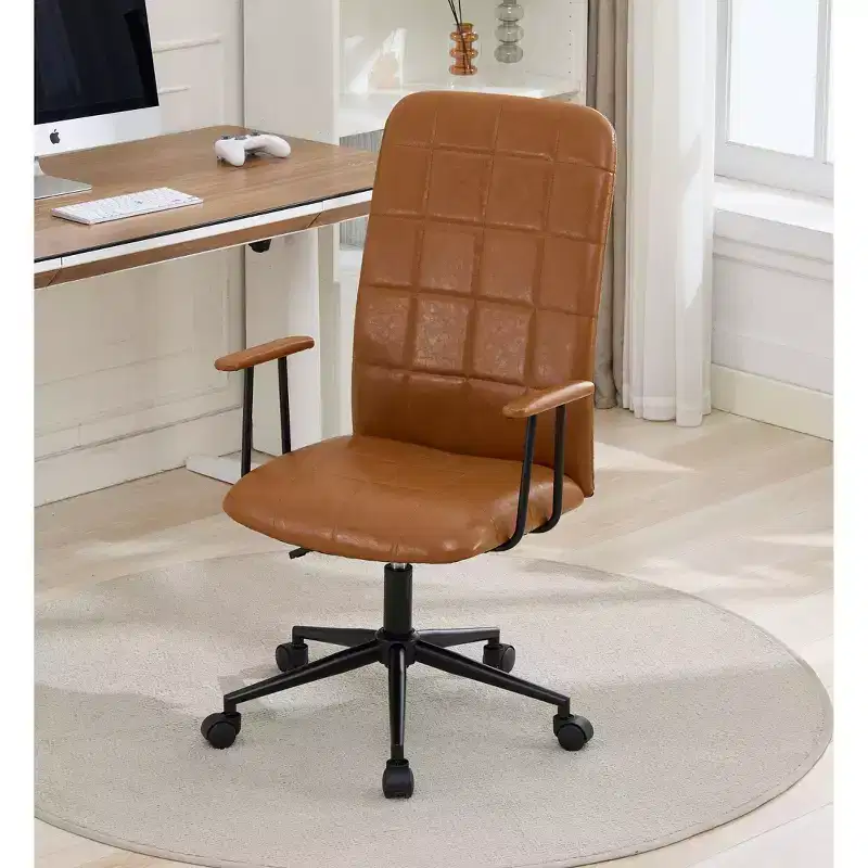 Antique PU Leather Office Chair with High Backrest and Wheels, Ergonomic Swivel Task Chair for Home Office and Living Room