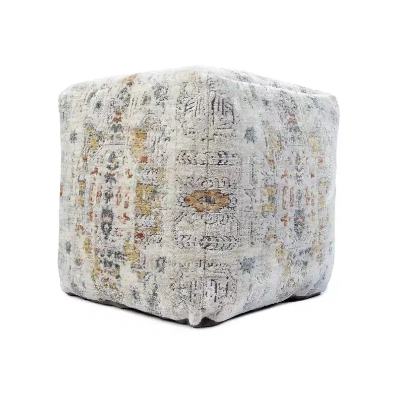 HomeRoots 18 Ivory and Light Gray Upholstered Medallion Pouf Ottoman