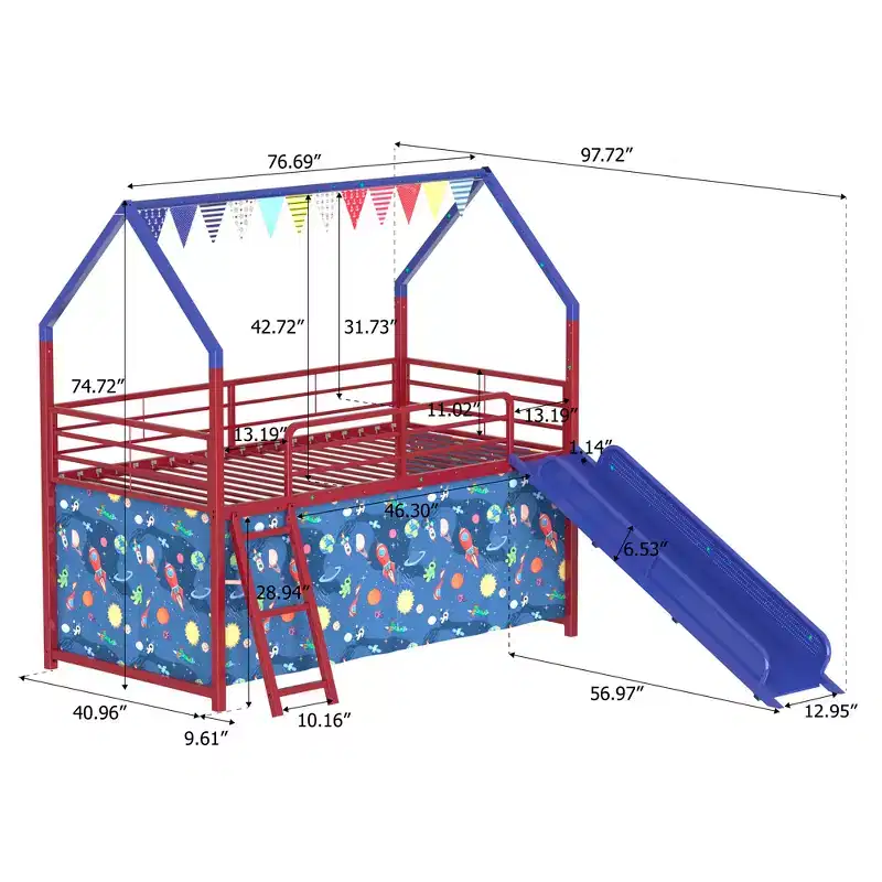 Bellemave Metal Junior House Twin Loft Bed with Slide and Curtain Set, Super Hero Color Red and Blue