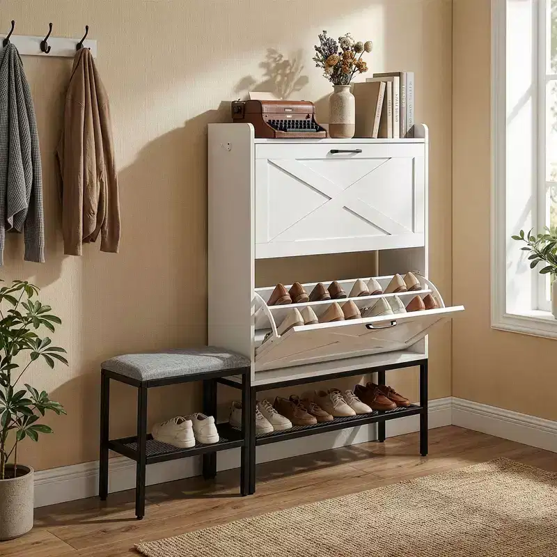 47 W Barn Door Flip Shoe Cabinet with Mesh Metal Legs Padded Bench