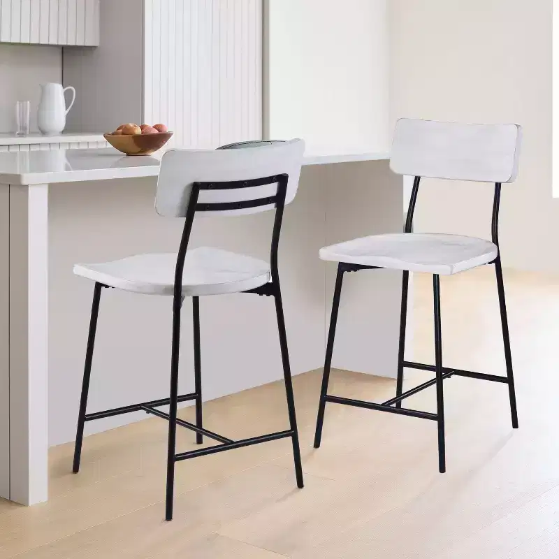 Counter Height Barstool – Whitewash, Saddle Seat, Curved Back, Metal Frame