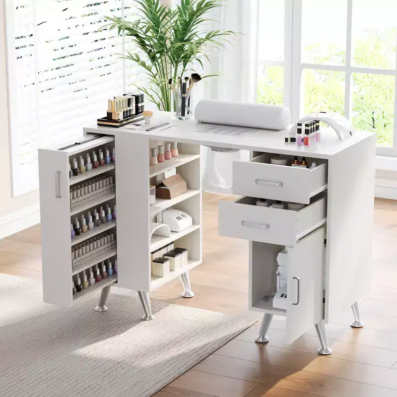 GustoWave 42.5 in Manicure Table Nail Station with Wrist Rest and Dust Collector, Nail Desk with Vertical Pull-Out Locker, White