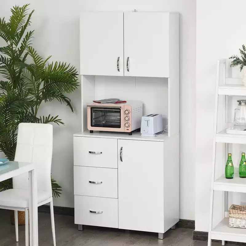 HOMCOM Freestanding Kitchen Pantry, Buffet with Hutch Storage Organizer with 2 Door Cabinets, 3 Drawers and Open Countertop, Adjustable Shelf, White