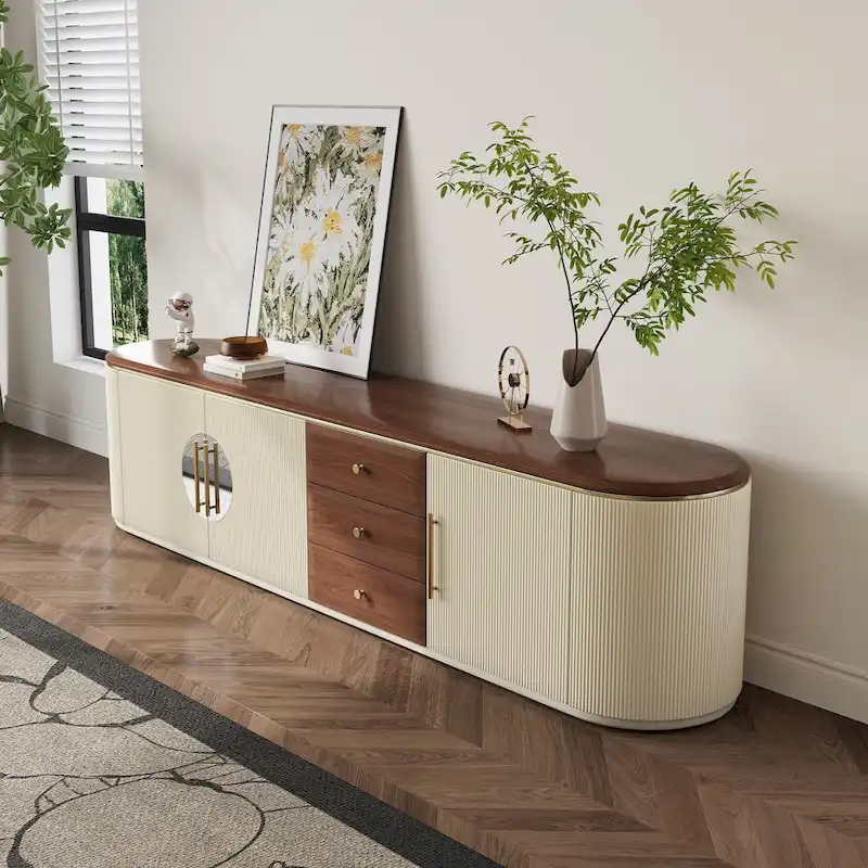 78.74 Mid-Century TV Stands, Brown Solid Wood Veneer, Media Console With 5 Cabinets,3 Drawers, Beige,Fully Assembled - 78.74