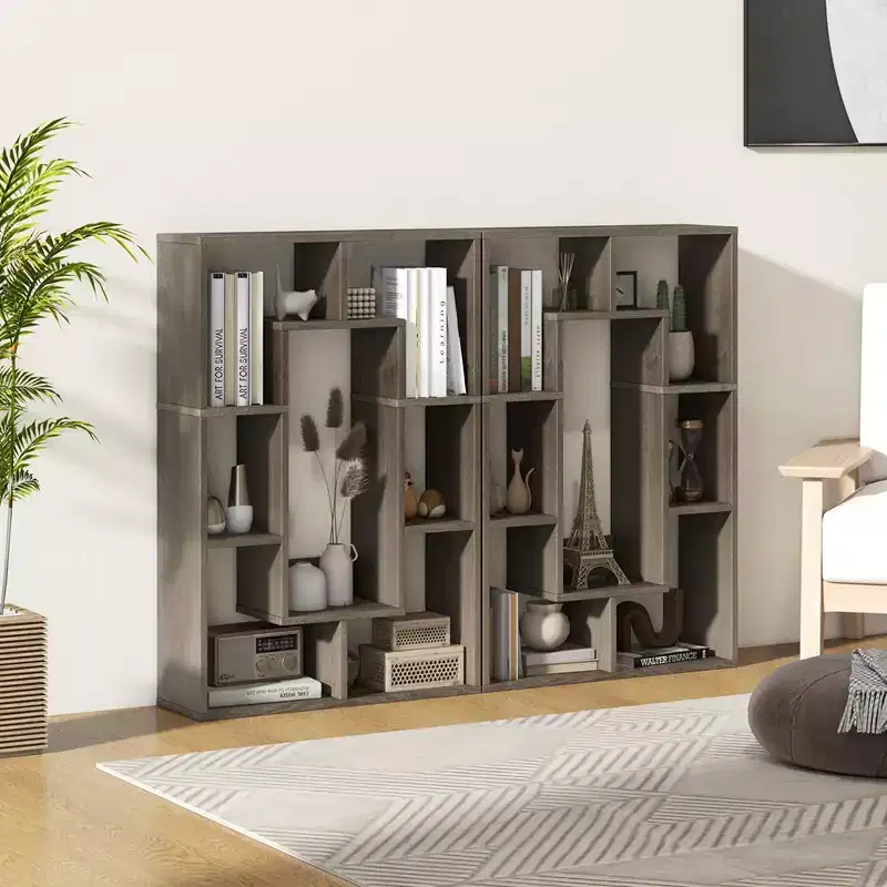 Costway 2 PCS 7-Cube Geometric Bookshelf with Anti-Toppling Device Modern Open Bookcase White/Grey/Natural