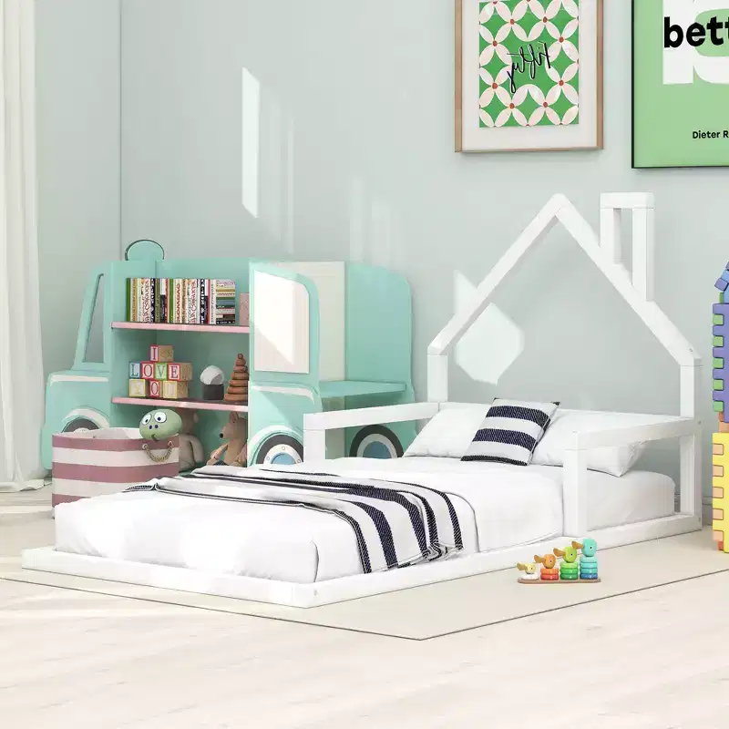Okak Twin Size Bed Frame with Storage Headboard, Twin Size Wood Floor Bed with House-shaped Headboard for Bedroom, White