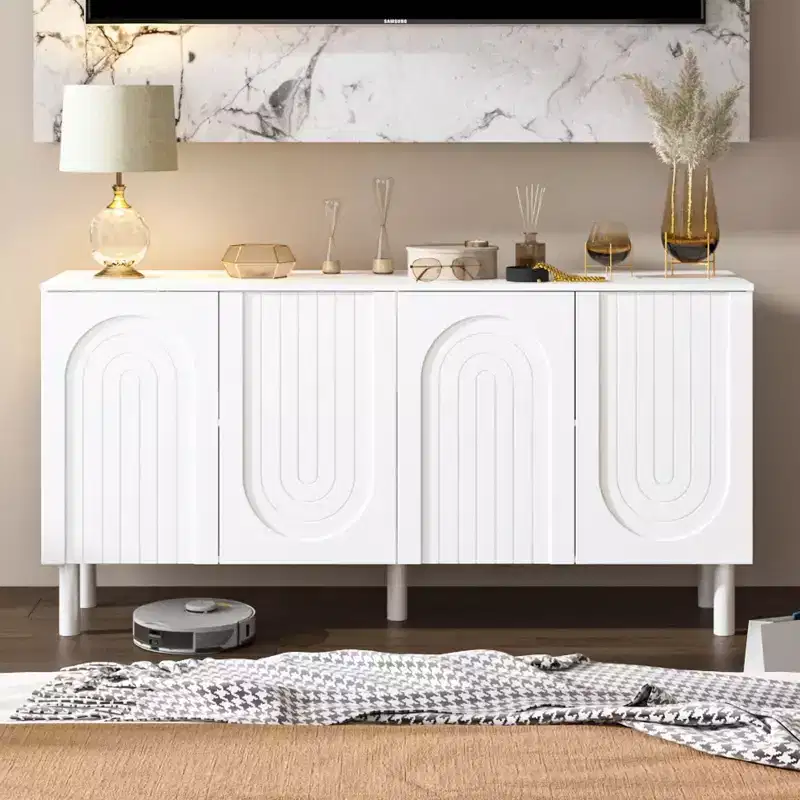 Stylish Storage Cabinet with Artistic Arch Doors, Adjustable Shelves, 4-Doors Storage Cupboard, Display Bookcase, for Living Room/Bedroom