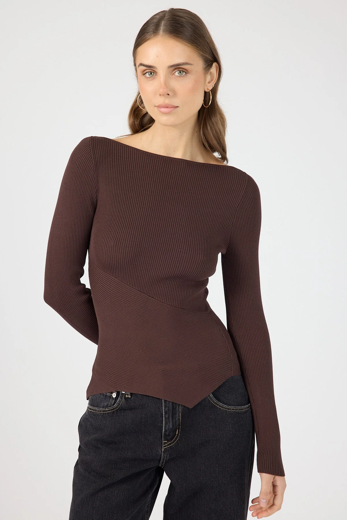 Knit Long Sleeve Top Brown