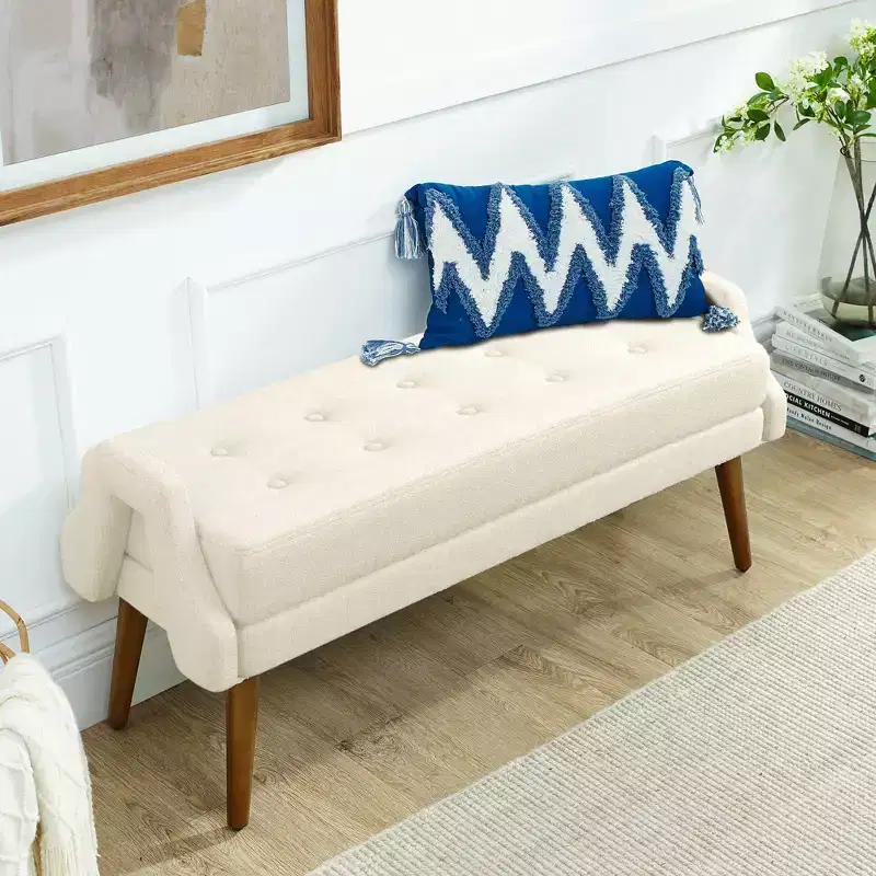 Modern Bench with Soft Cushion, Geometric Armrests, and Hardwood LegsGreat for Living Rooms, Bedrooms, and Entryways