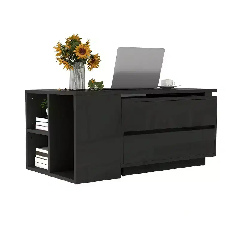 Convertible Wooden Extandable LED Coffee Table with 4 Storage Drawers & Open Shelves For Living Room Black