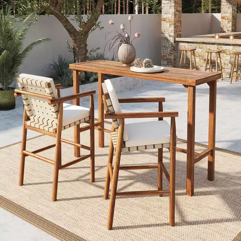 GDFStudio Agnes Patio Modern 3-Piece Acacia Wood Counter Height Dining Set with Cushioned Stools