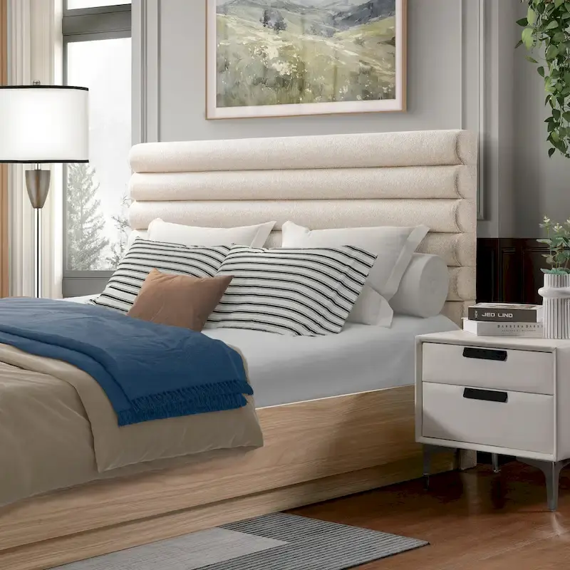 Taupe Boucle Queen Platform Bed with Headboard