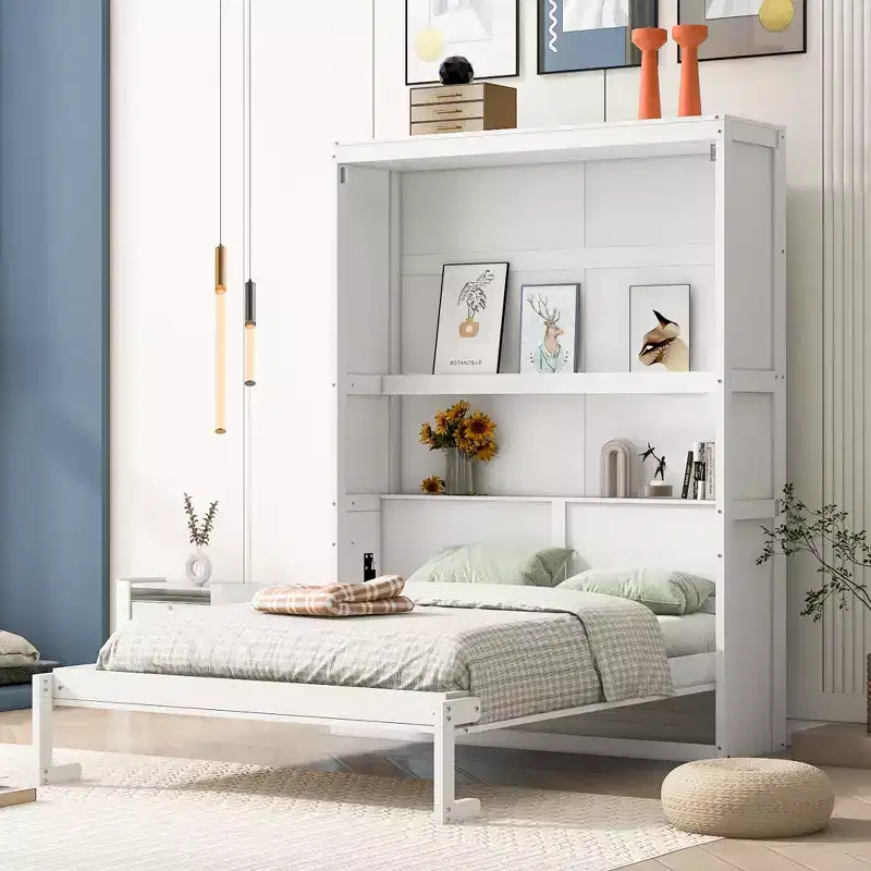 Full/Queen Murphy Bed with Built-In Shelves White/Gray