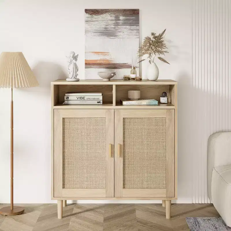 36 Modern Rattan Sideboard Cabinet - 2-Door Storage Buffet with Shelf, Boho TV Stand & Coffee Bar for Dining Room, Kitchen & Entryway
