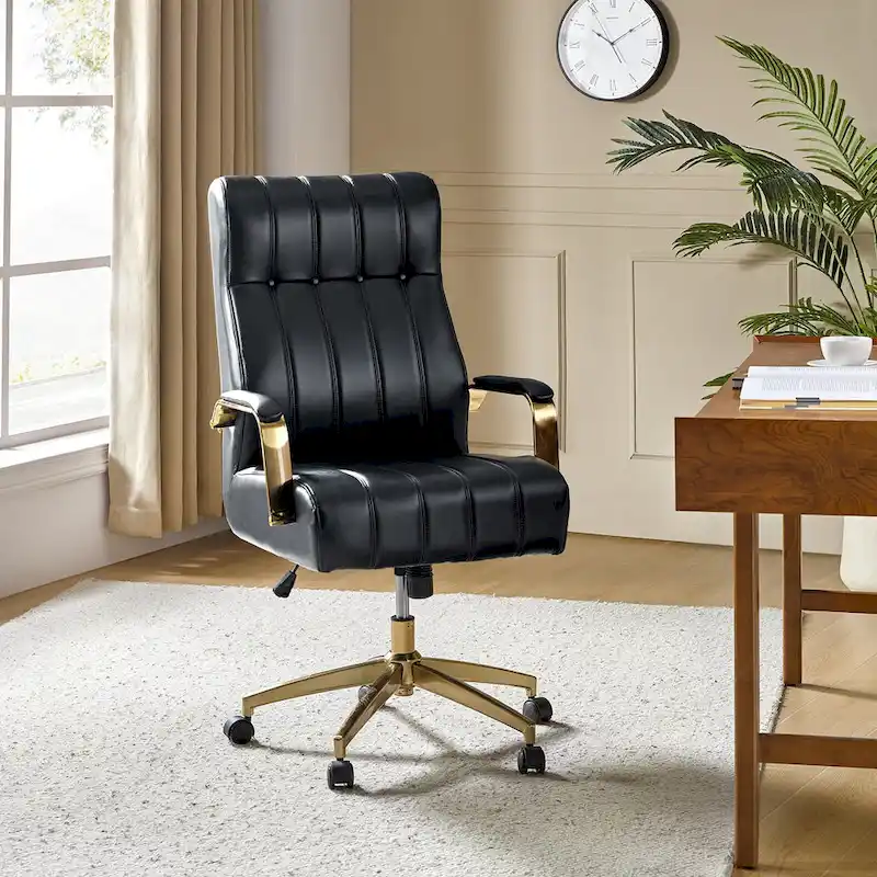 Mid-Century Modern Vegan Leather Swivel Tilting Office Chair with Channel Tufted and Metal Feet