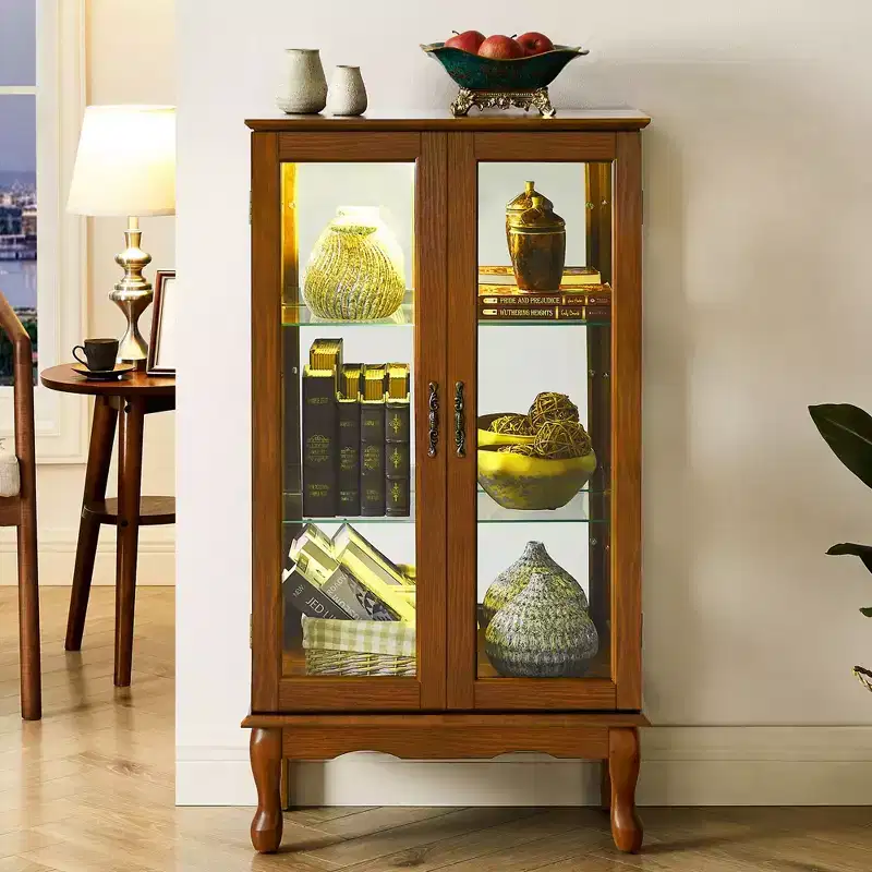 Curio Display Cabinet with 2 Tempered Glass Doors, 3 Shelves & Mirrored Back