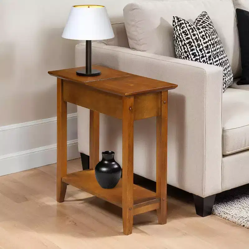 Narrow Wedge End Table with Hidden Storage Compartment, Walnut Finish