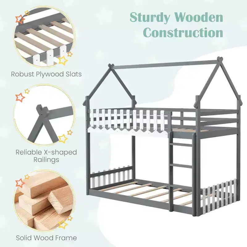 Twin Over Twin House Bunk Bed with Fence & Ladder - Solid Wood, Gray