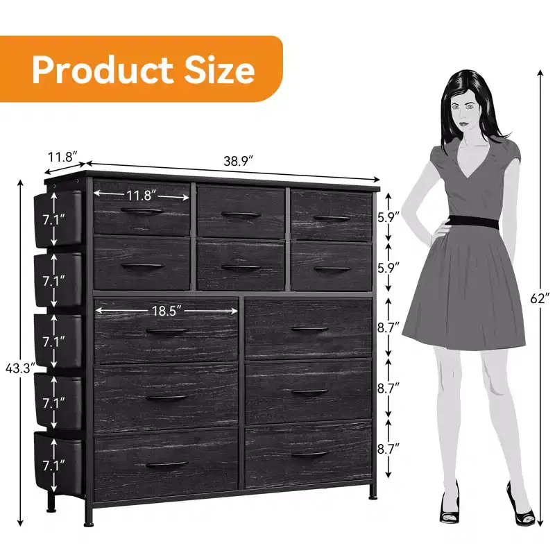 12-Drawer Dresser, Fabric Dresser with Side Pockets and Hooks, Storage Tower with Adjustable Feet