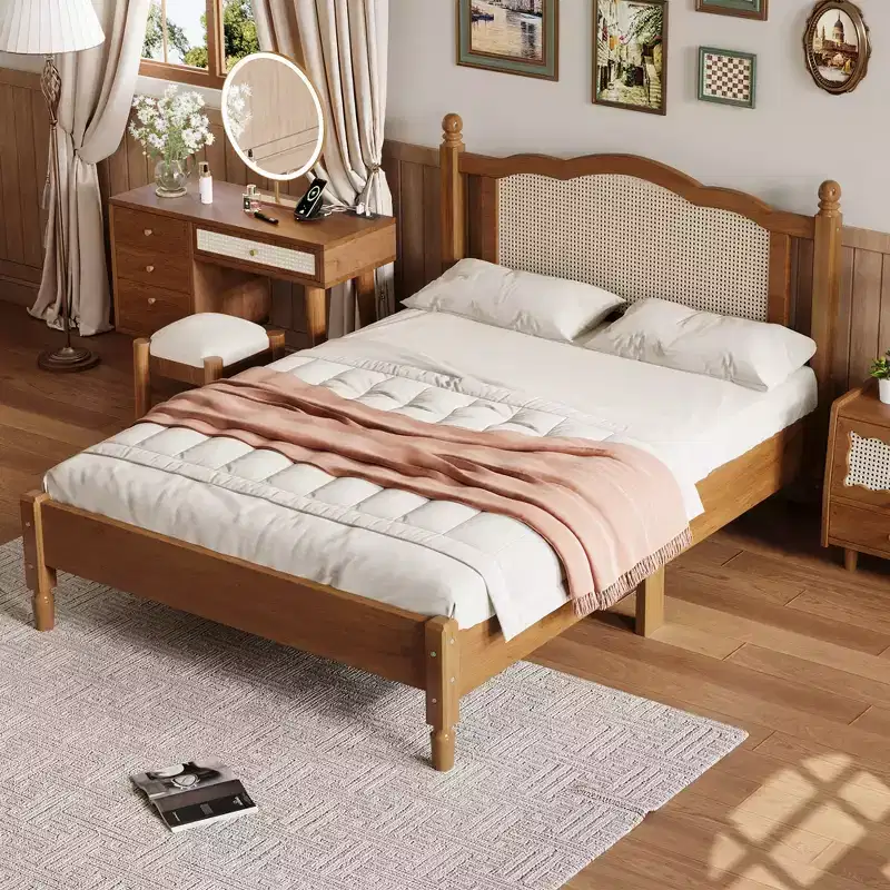 GDFStudio Brenda Vintage Wooden Platform Bed with Natural Rattan Headboard