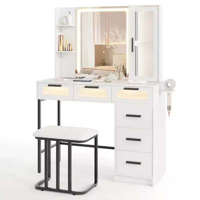 Costway Vanity Desk w/ Mirror Induction Lighting 3-Color Lighting Modes Charging Station White