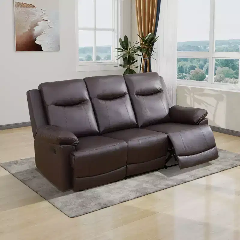 3-Seat Breathable Semi-PU Leather Reclining Sofa with Adjustable Backrests for Living Room, Brown