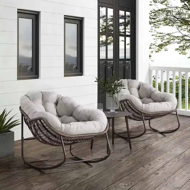 Okak Outdoor Rattan Rocking Chairs with Padding Cushion, Outdoor Recliner with Sturdy Metal Frame, Porch Chairs for Garden, Backyard