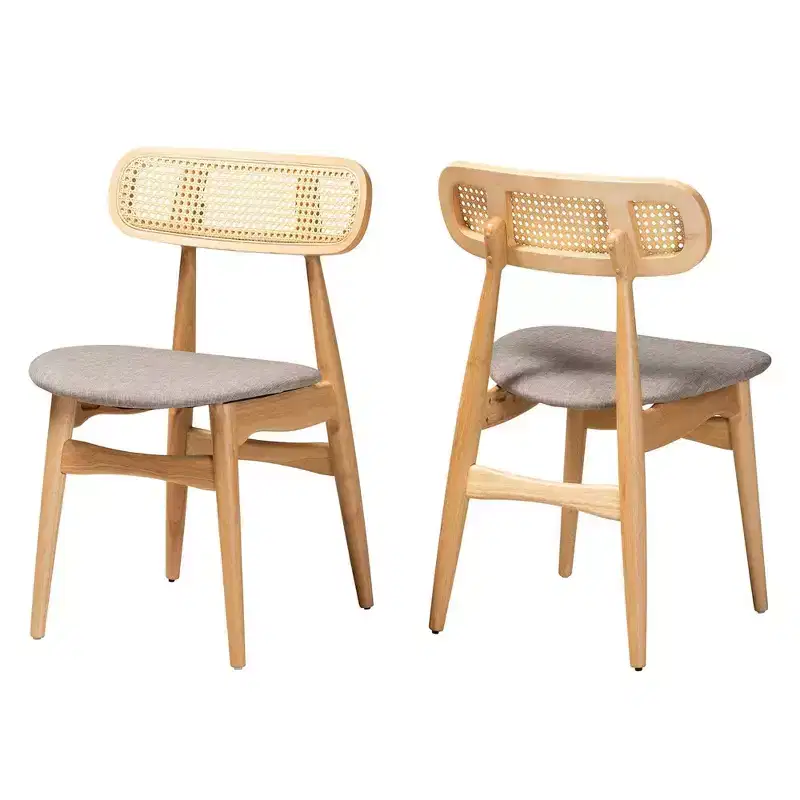 Baxton Studio 2pc Tarana Fabric and Wood Dining Chairs: Mid-Century Design, Rattan Detail