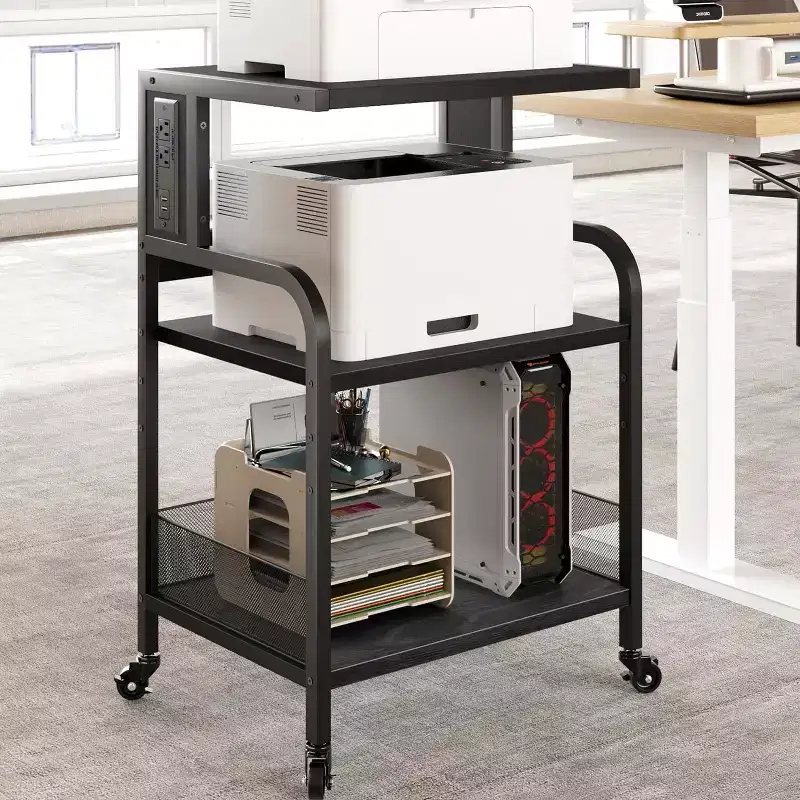 3-Tier Heavy Duty Rolling Printer Stand, Industrial Mobile Office Cart with Adjustable Storage Shelves, Lockable Wheels