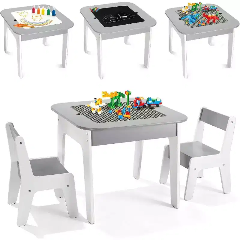 JOYMOR 4-in-1 Kids Activity Table & Chairs Set with Building Blocks Board, Chalkboard and Whiteboard, Grey