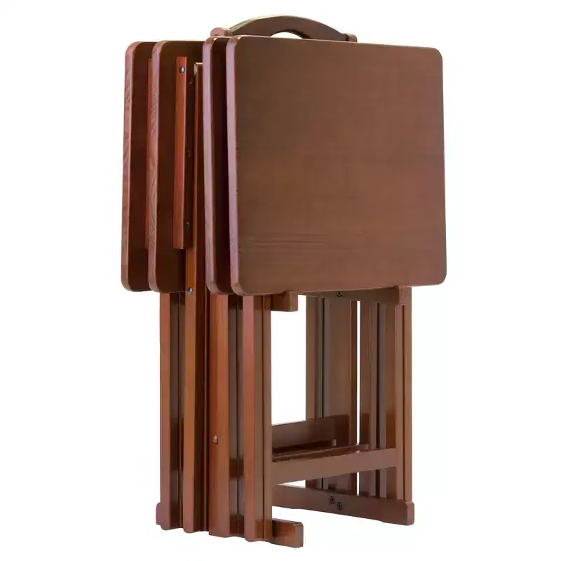 5pc Alex Snack Table Set Walnut Brown - Winsome: Solid Wood, Foldable, Storage Stand Included