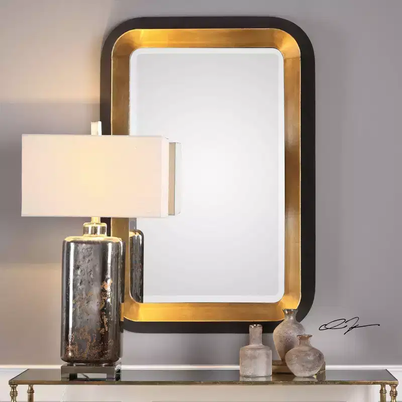 Uttermost Rectangular Vanity Decorative Wall Mirror Art Deco Antiqued Metallic Gold Distressed Black Frame 28 Wide for Bathroom