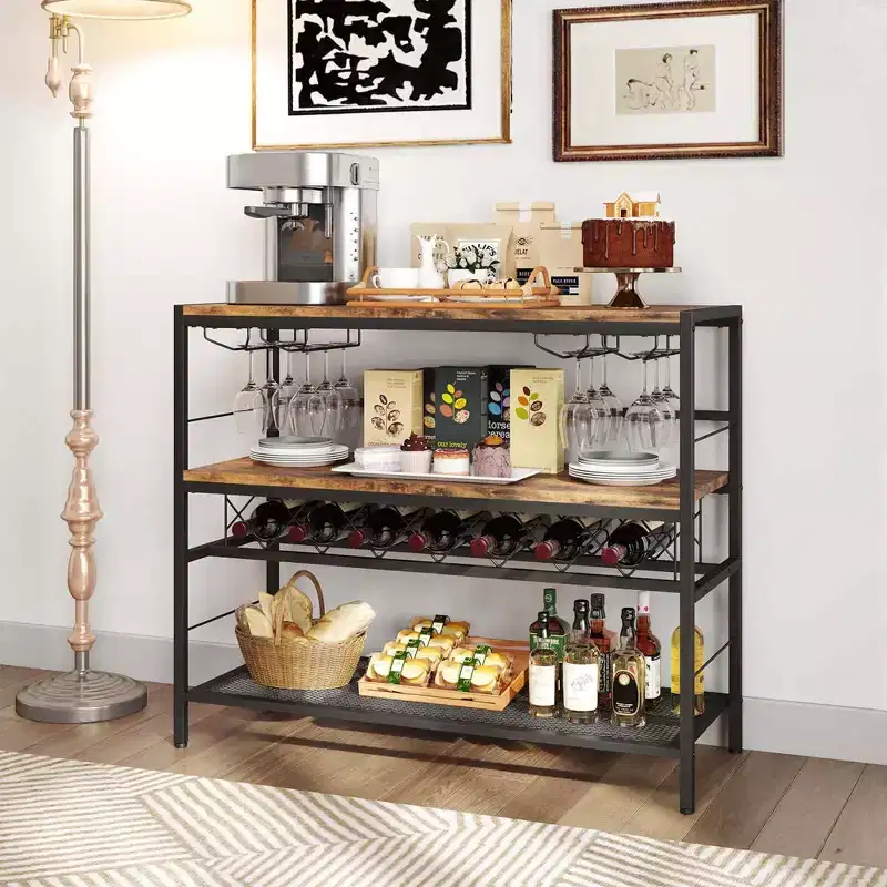 Costway 41 Wine Rack with 4 Glass Holders Wide Countertop Middle & Bottom Storage Shelves