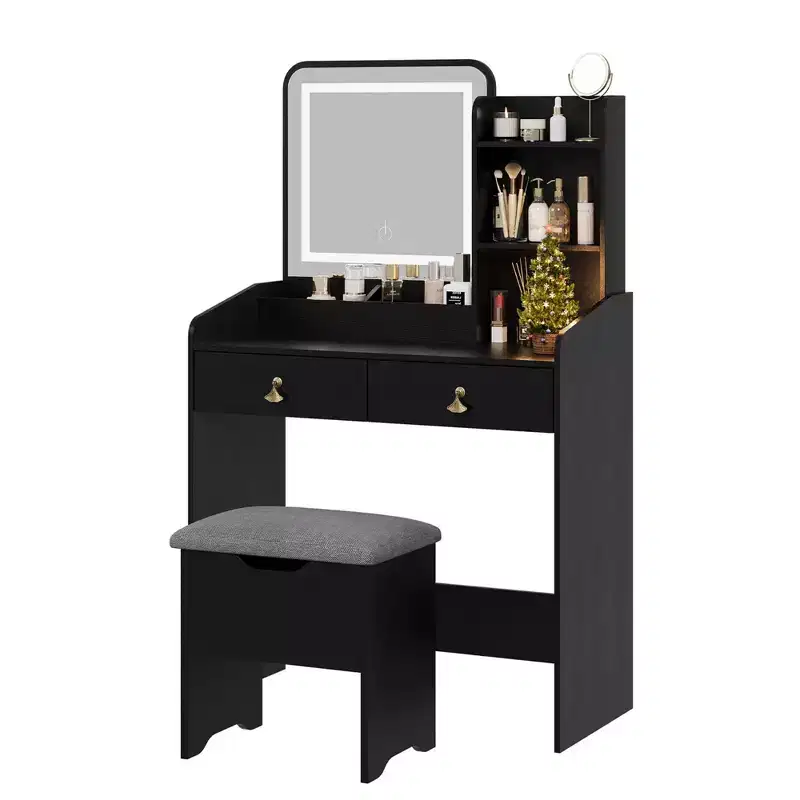 GustoWave, Vanity Desk with LED Light Mirror and Charging Station,Small Makeup Vanities Set with 2 Drawers with Storage Stool
