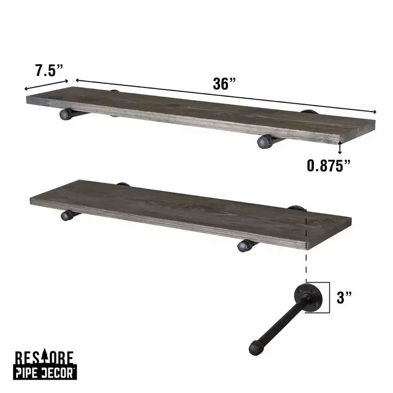 RESTORE Boulder Black 36 in. Shelves with Noir Pre-finished Straight Brackets by Pipe Decor