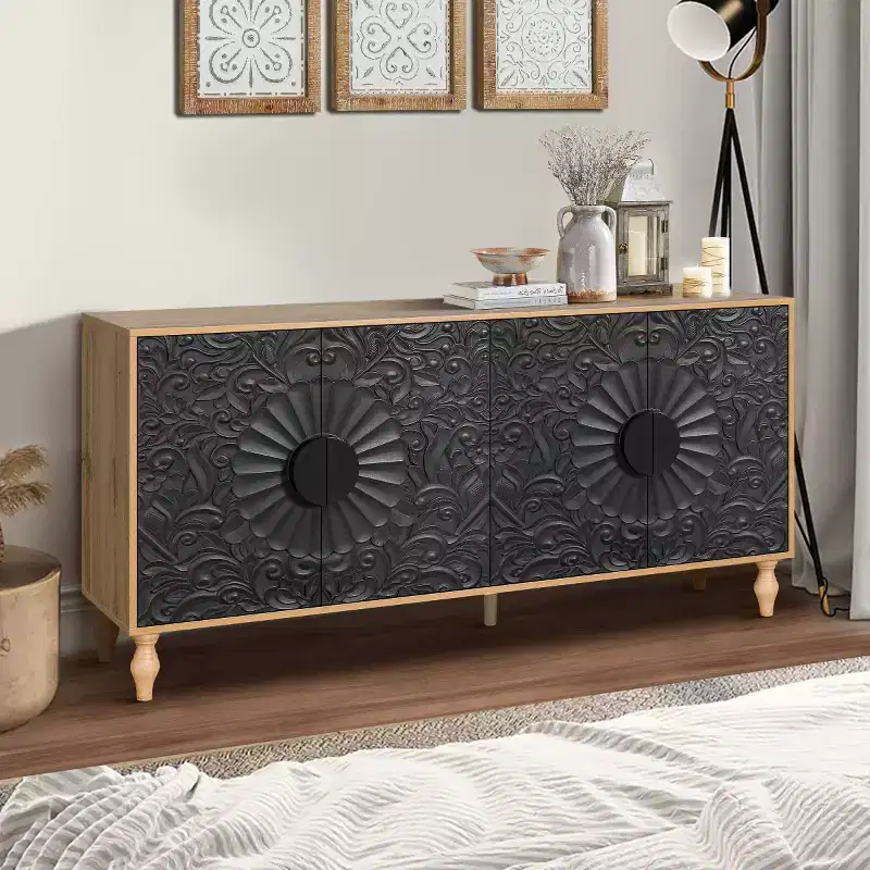 63 Boho Sideboard Buffet Cabinet, Black TV Stand Media Console with Carved Floral Mandala Doors - Panipeachy